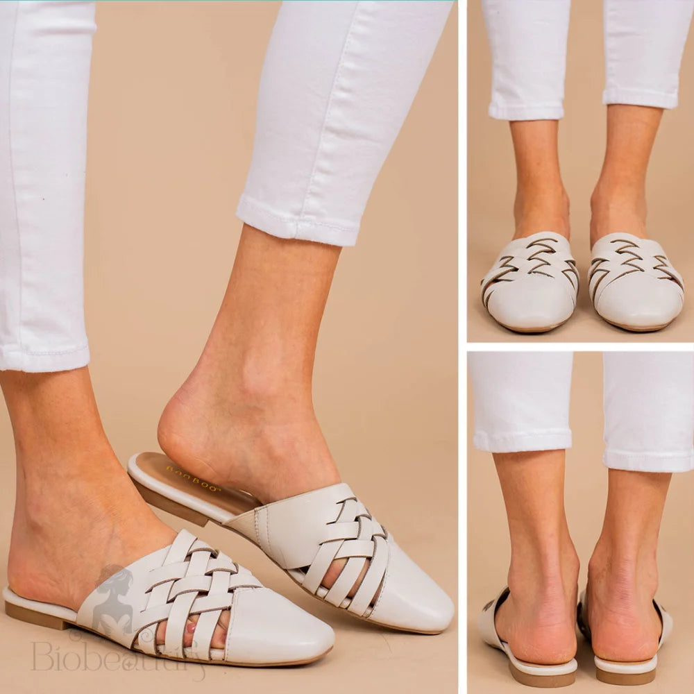 Ivory White Flat Mules For Lunch Date 8 /