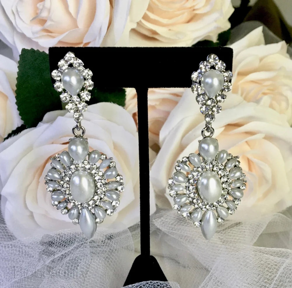 Jeannine Pearl Rhinestone Bridal Earrings