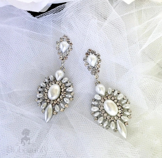 Jeannine Pearl Rhinestone Bridal Earrings