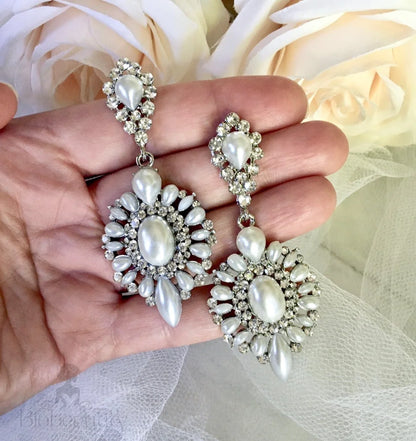 Jeannine Pearl Rhinestone Bridal Earrings