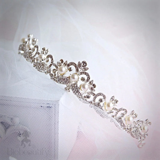 Jolene Wedding Tiara With Pearls And Rhinestones