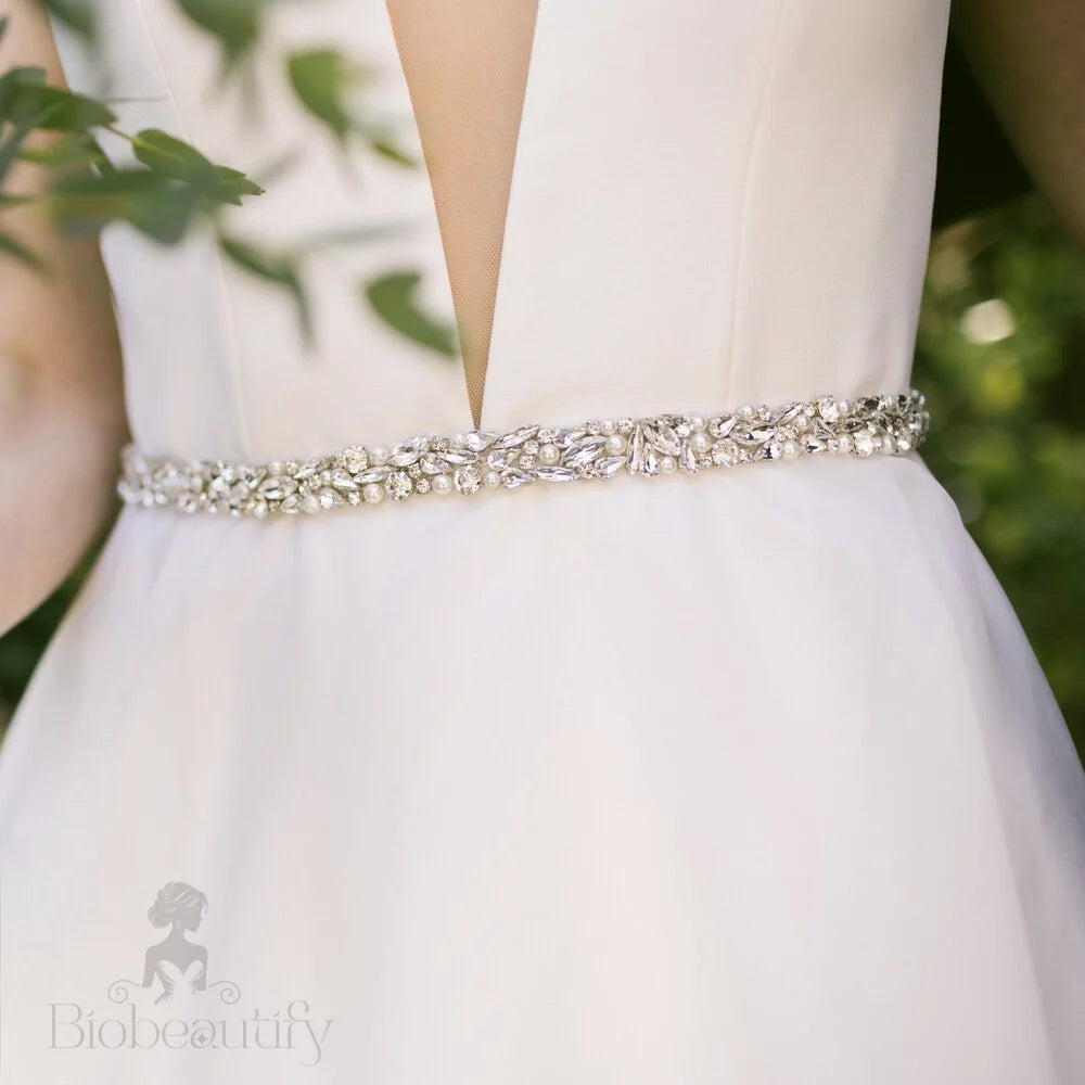 Jordan Silver Pearl Crystal Bridal Sash