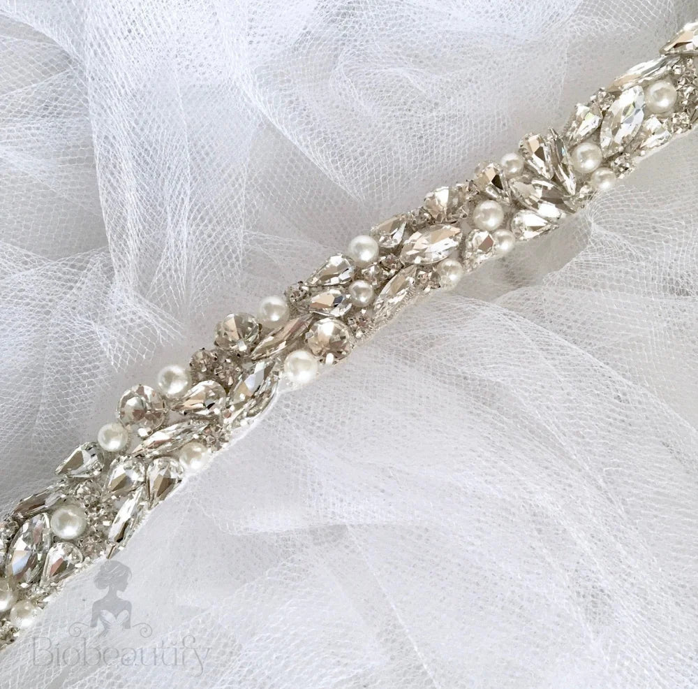 Jordan Silver Pearl Crystal Bridal Sash