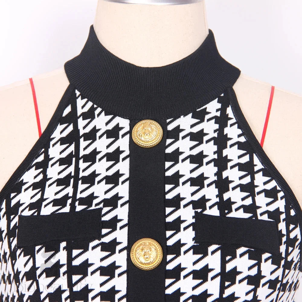 Julien Houndstooth Dress With Gold Buttons