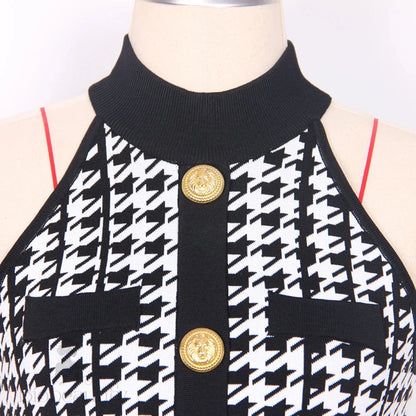 Julien Houndstooth Dress With Gold Buttons