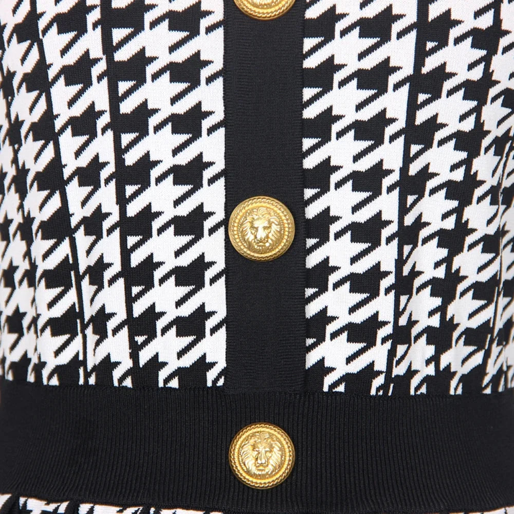 Julien Houndstooth Dress With Gold Buttons