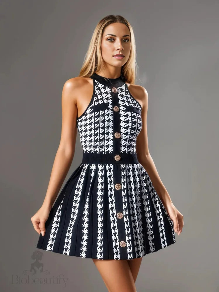 Julien Houndstooth Dress With Gold Buttons Black / S