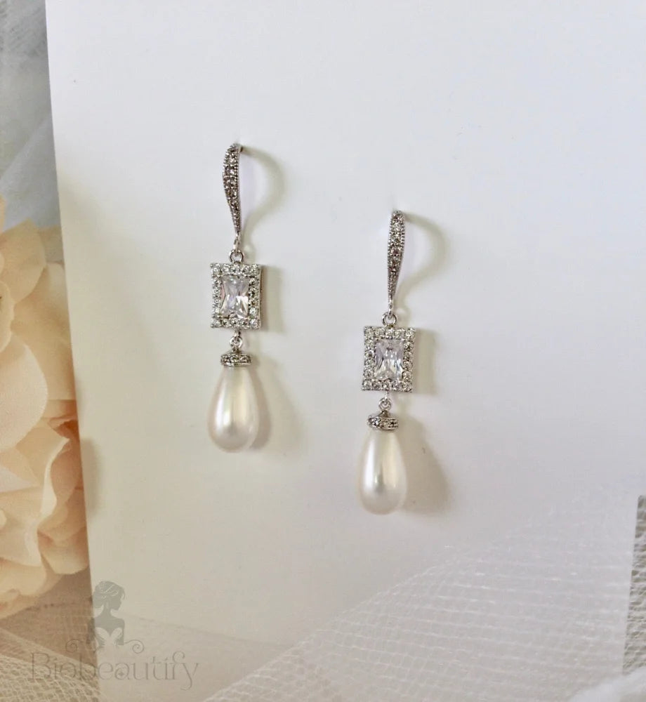 Juno Pearl And Cz Bridal Earrings In Silver Yellow Gold