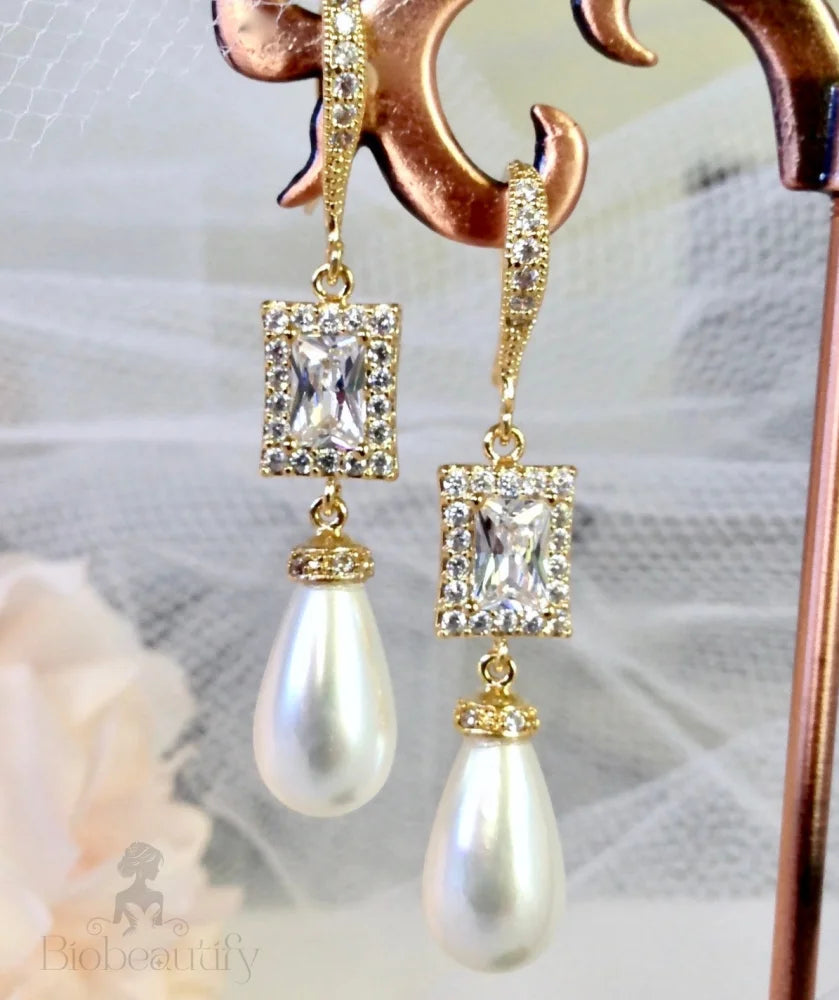 Juno Pearl And Cz Bridal Earrings In Silver Yellow Gold