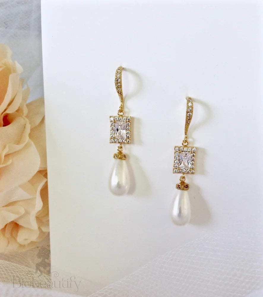 Juno Pearl And Cz Bridal Earrings In Silver Yellow Gold