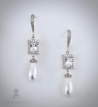 Pearl Wedding Jewelry - Pearl and CZ Bridal Earrings - Available in Silver and Yellow Gold