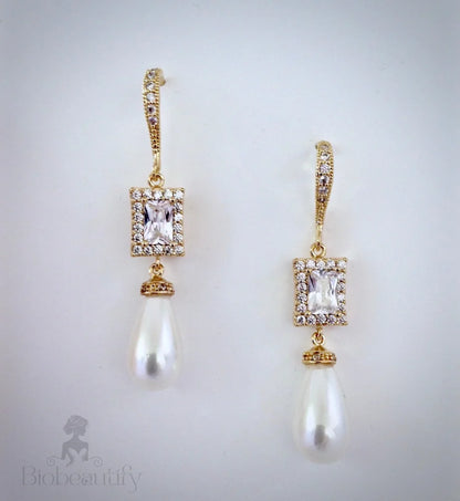 Pearl Wedding Jewelry - Pearl and CZ Bridal Earrings - Available in Silver and Yellow Gold