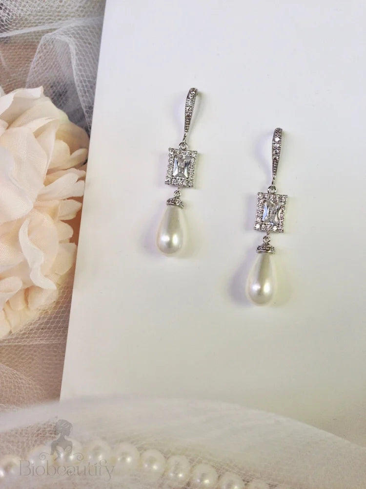 Juno Pearl And Cz Bridal Earrings In Silver Yellow Gold