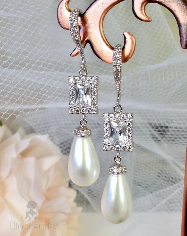 Juno Pearl And Cz Bridal Earrings In Silver Yellow Gold