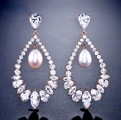 Wedding Jewelry - Pearl and Cubic Zirconia Bridal Earrings - Available in Silver and Rose Gold