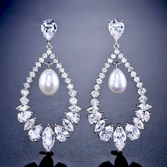 Wedding Jewelry - Pearl and Cubic Zirconia Bridal Earrings - Available in Silver and Rose Gold