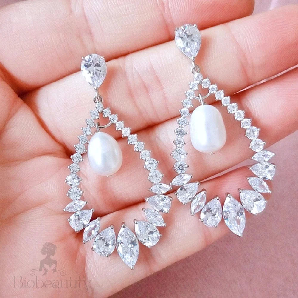 Kaitlynn Pearl And Cubic Zirconia Wedding Earrings In Silver Rose Gold