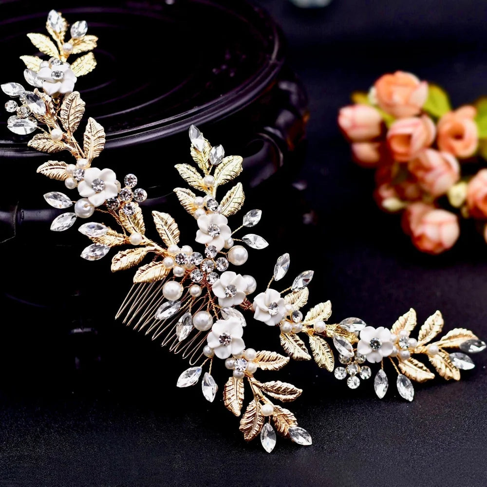 Kalena Ceramic Flowers Bridal Hair Comb Vine Gold Silver Options