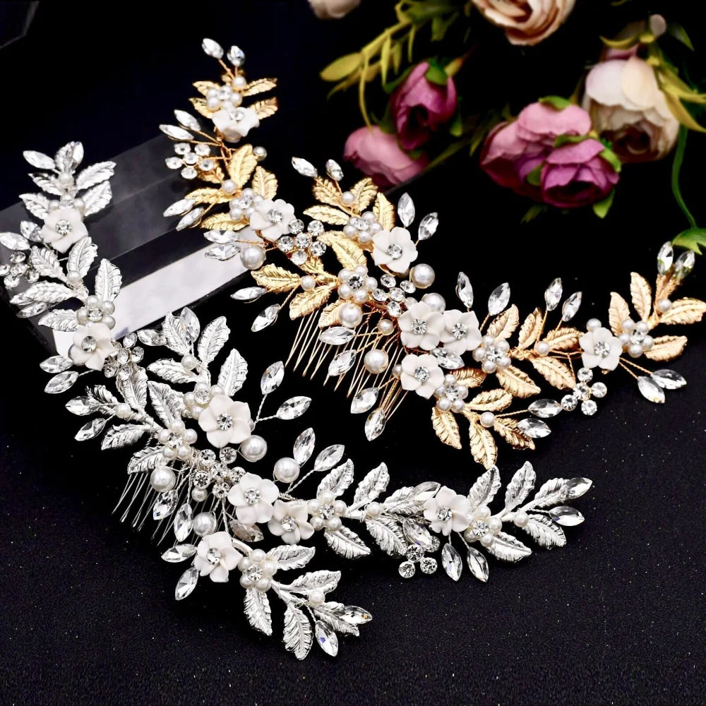 Kalena Ceramic Flowers Bridal Hair Comb Vine Gold Silver Options