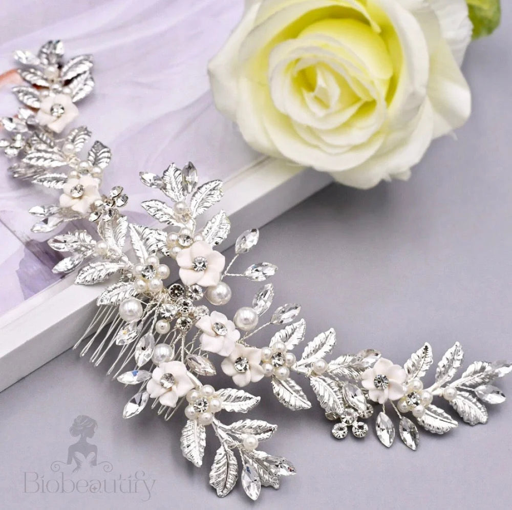 Kalena Ceramic Flowers Bridal Hair Comb Vine Gold Silver Options