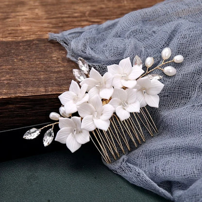 Wedding Hair Accessories - Gold Ceramic Flowers Bridal Hair Comb and Pins Set