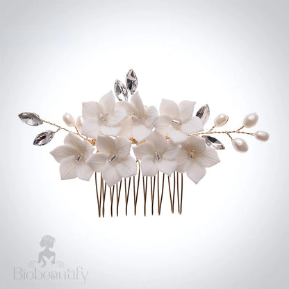 Kalyana Bridal Hair Comb And Gold Ceramic Flower Pins Set