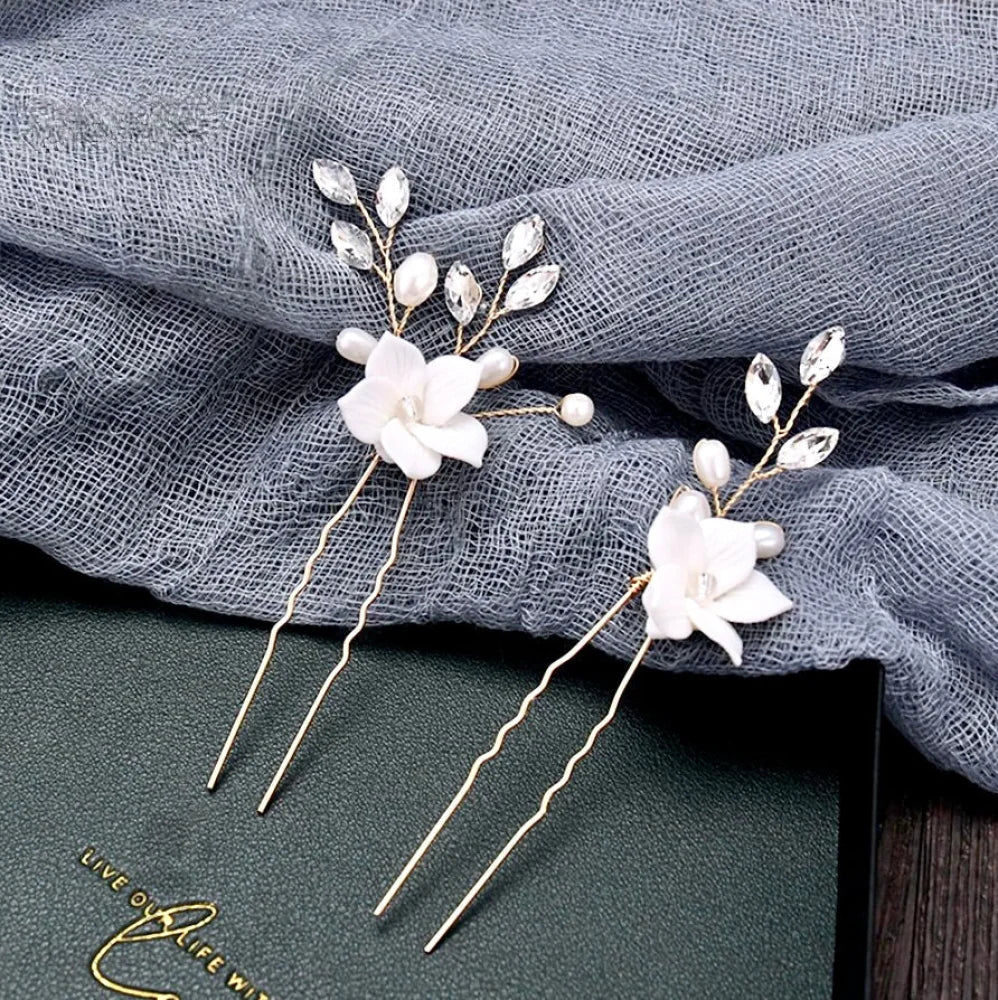 Wedding Hair Accessories - Gold Ceramic Flowers Bridal Hair Comb and Pins Set