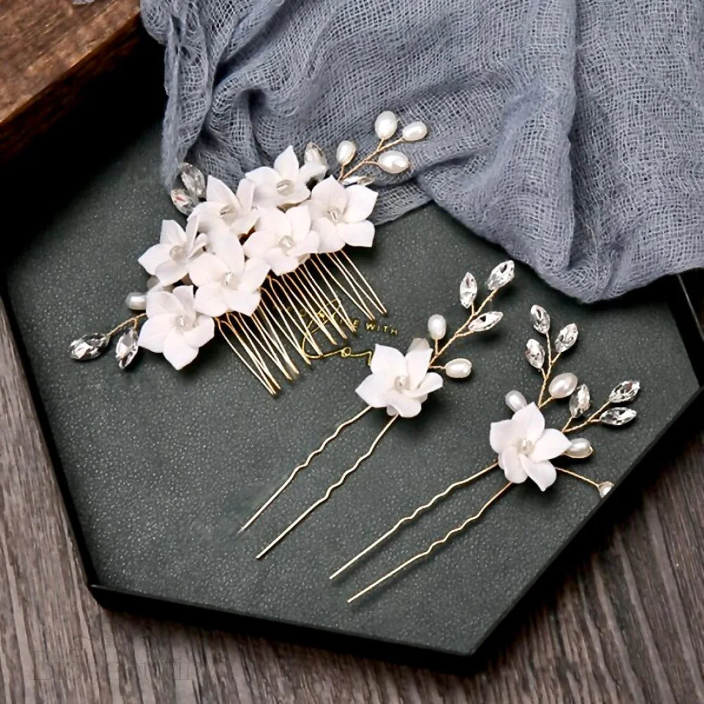 Wedding Hair Accessories - Gold Ceramic Flowers Bridal Hair Comb and Pins Set