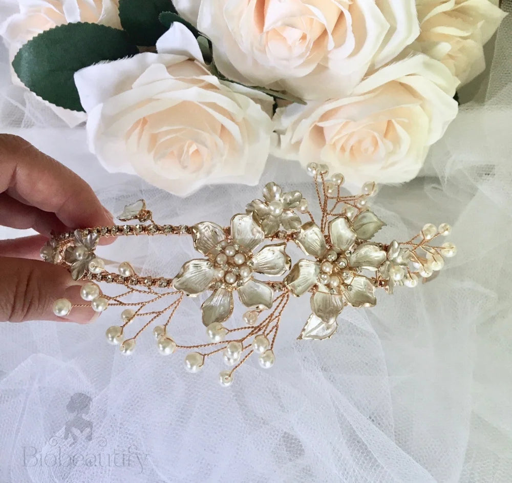 Kara Gold Pearl And Crystal Bridal Tiara