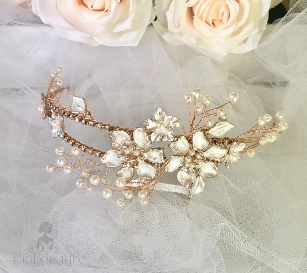 Kara Gold Pearl And Crystal Bridal Tiara