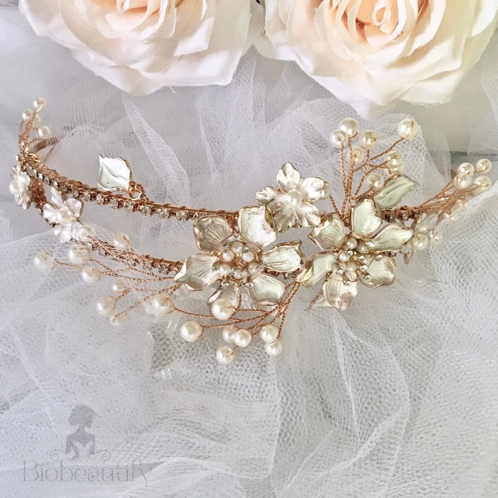 Kara Gold Pearl And Crystal Bridal Tiara