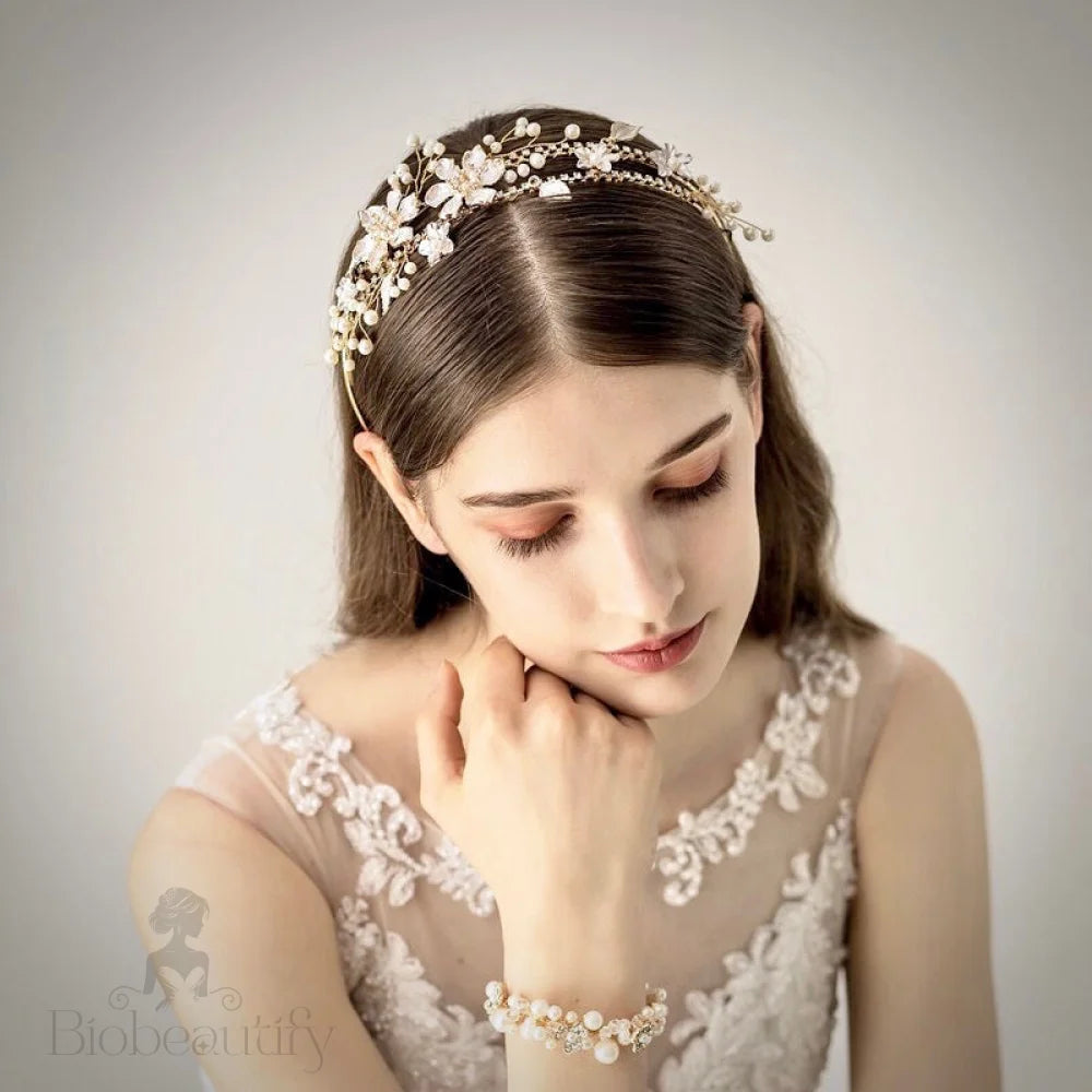 Kara Gold Pearl And Crystal Bridal Tiara