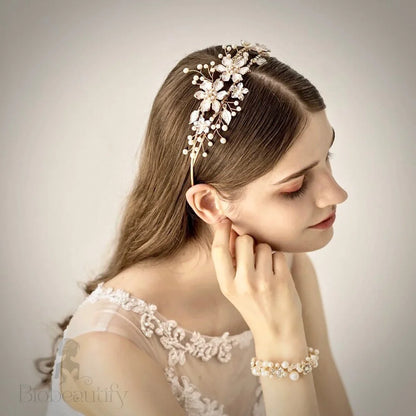 Kara Gold Pearl And Crystal Bridal Tiara