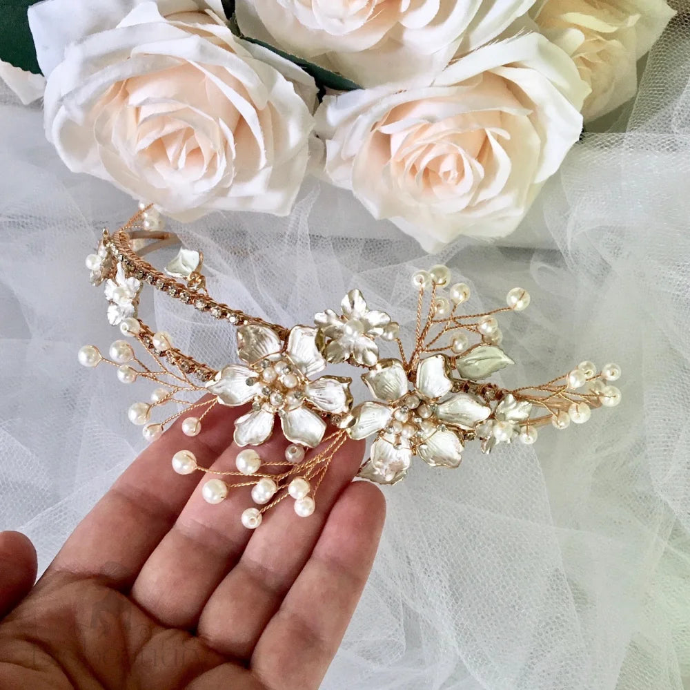 Kara Gold Pearl And Crystal Bridal Tiara