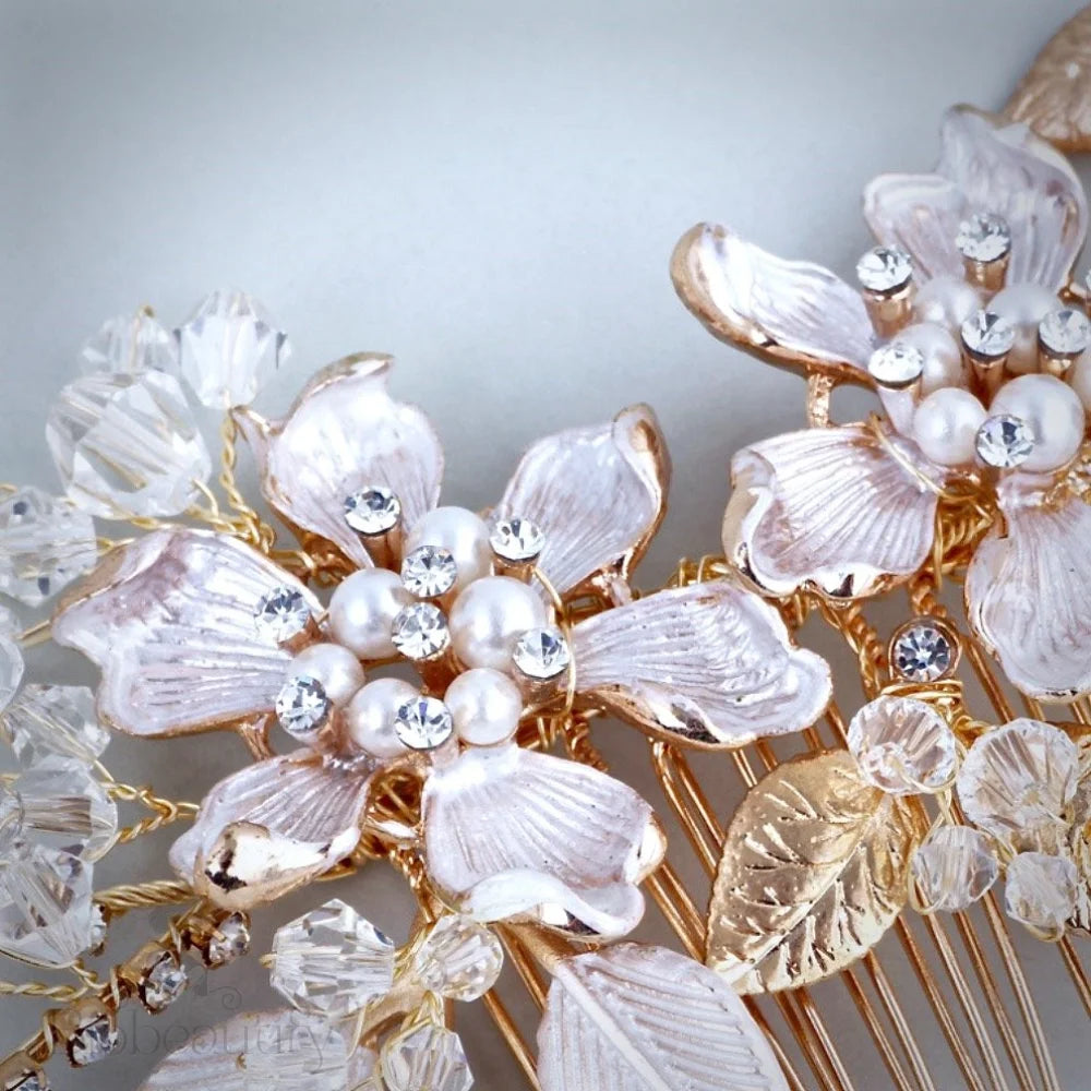 Kara Pearl And Crystal Hair Comb For Brides - Gold Silver Options