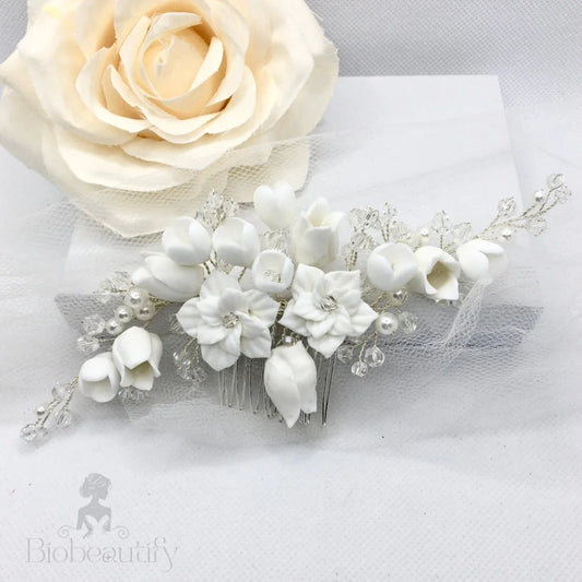 Wedding Hair Accessories - Pearl and Ceramic Flowers Bridal Hair Vine