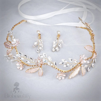 Wedding Hair Accessories - Rose Gold Bridal Headband/Hair Vine With Matching Earrings