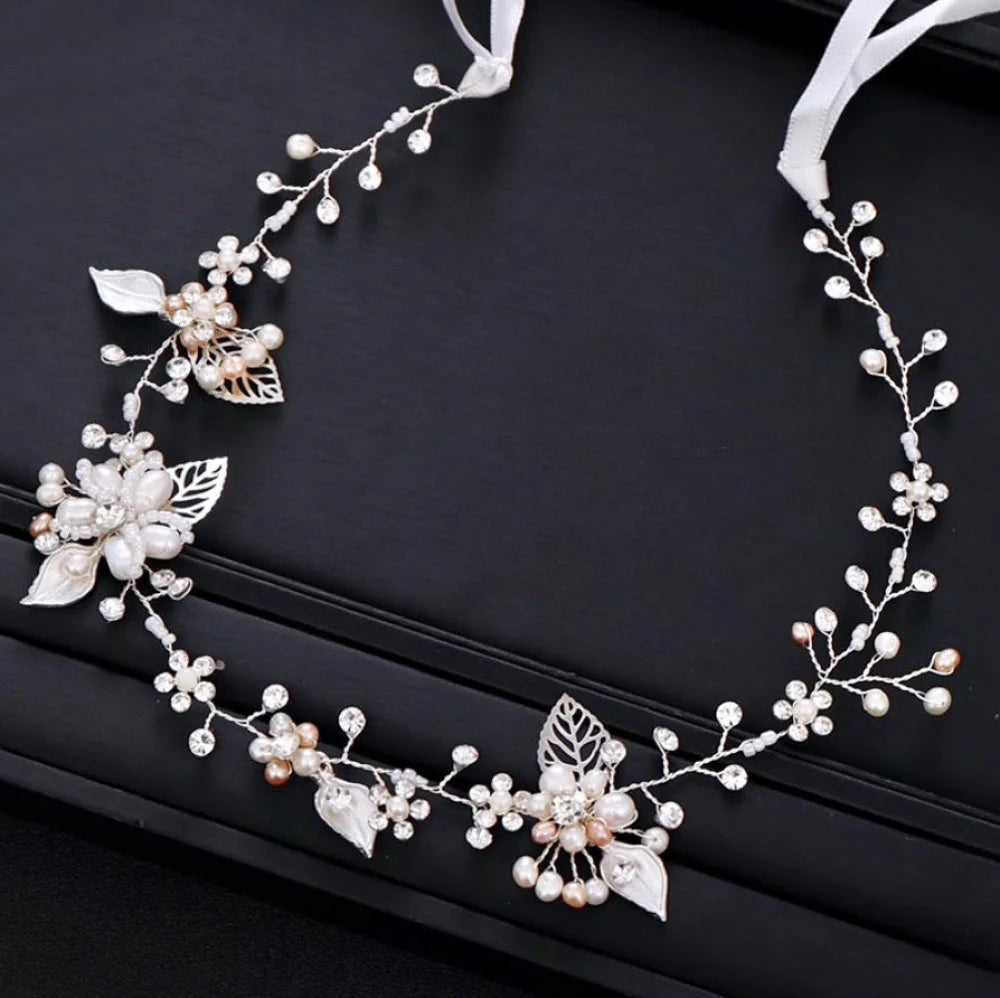 Karisa Pearl And Crystal Bridal Headband Vine Silver Rose Gold Yellow