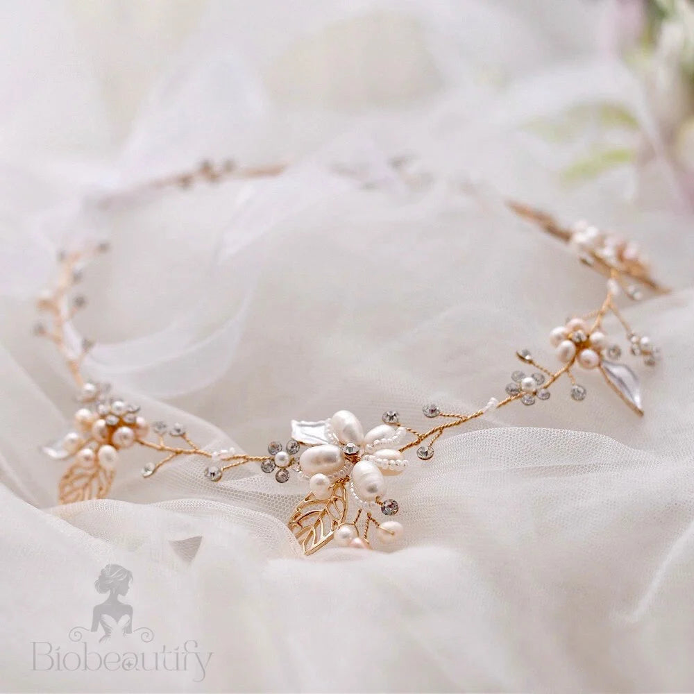 Karisa Pearl And Crystal Bridal Headband Vine Silver Rose Gold Yellow