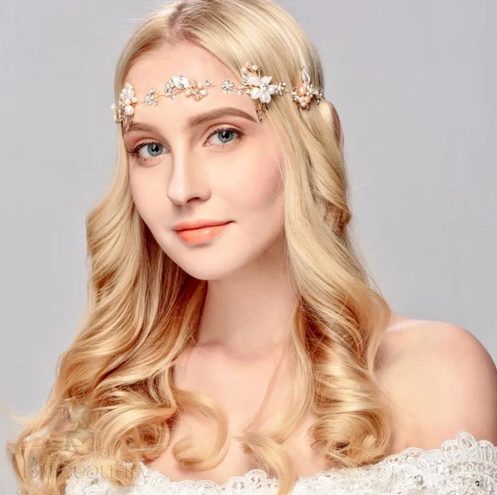 Karisa Pearl And Crystal Bridal Headband Vine Silver Rose Gold Yellow