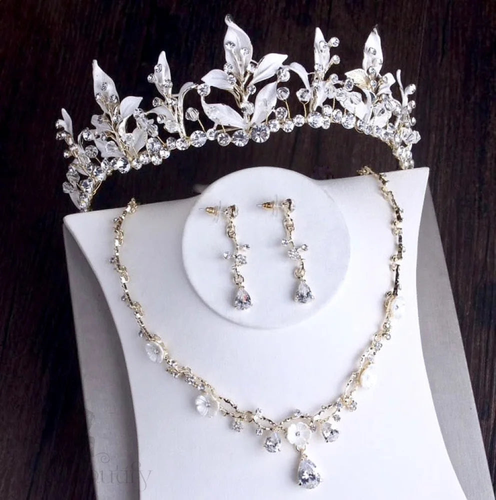 Wedding Jewelry and Accessories - Gold Bridal 3-Piece Jewelry Set With Tiara