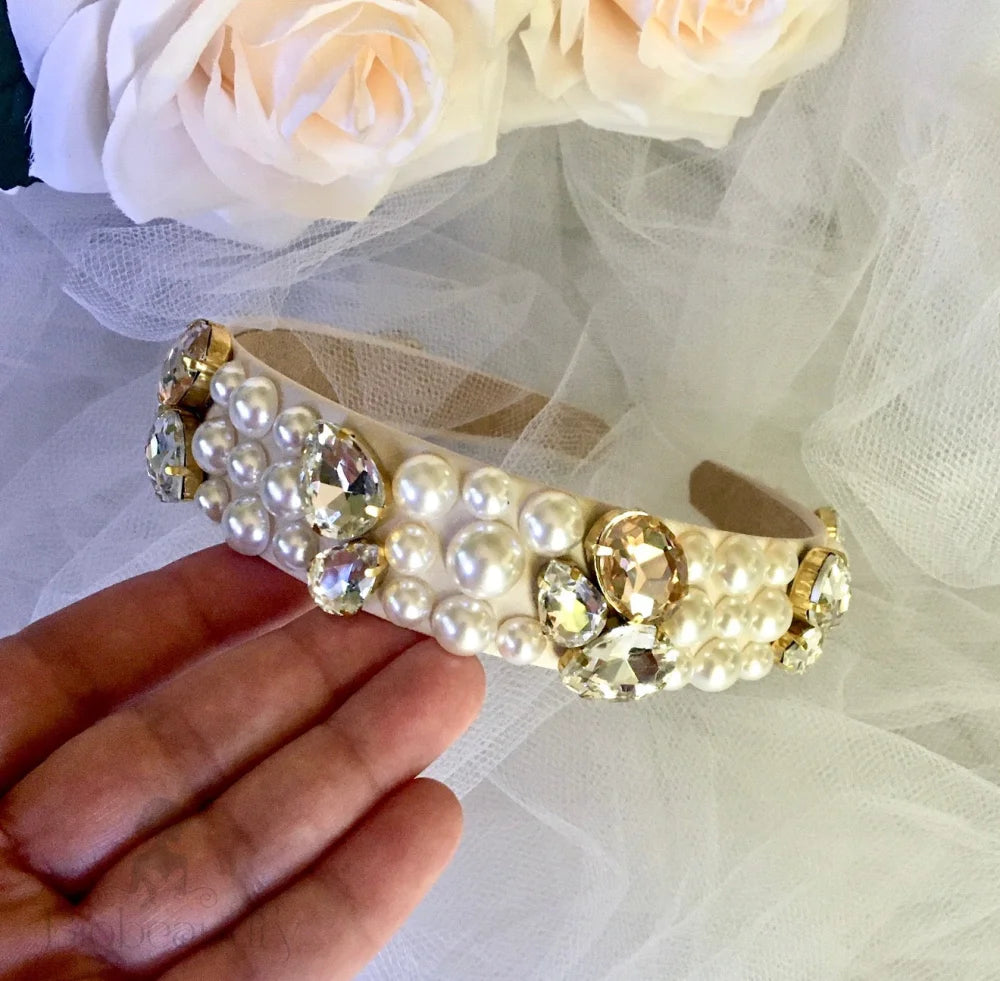 Karolina Pearl Rhinestone Bridal Headband Gold Silver