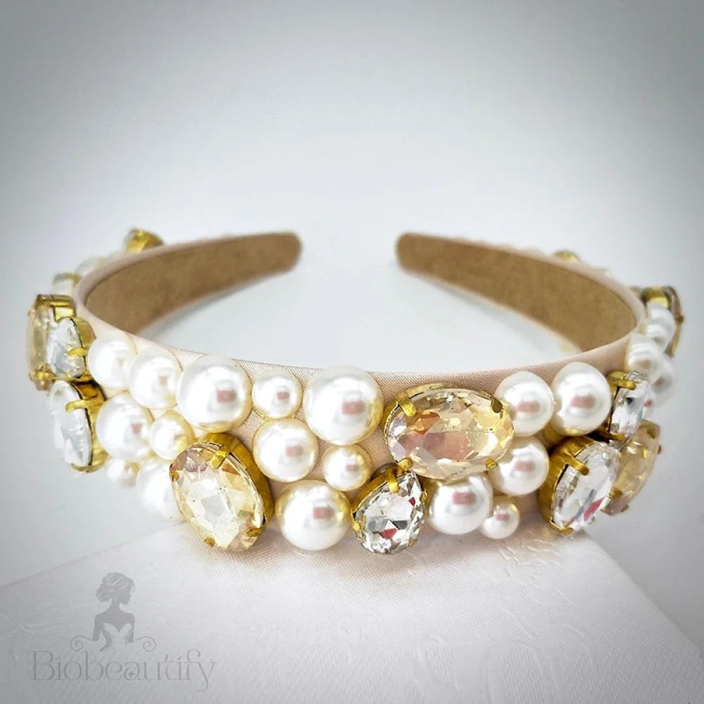 Karolina Pearl Rhinestone Bridal Headband Gold Silver