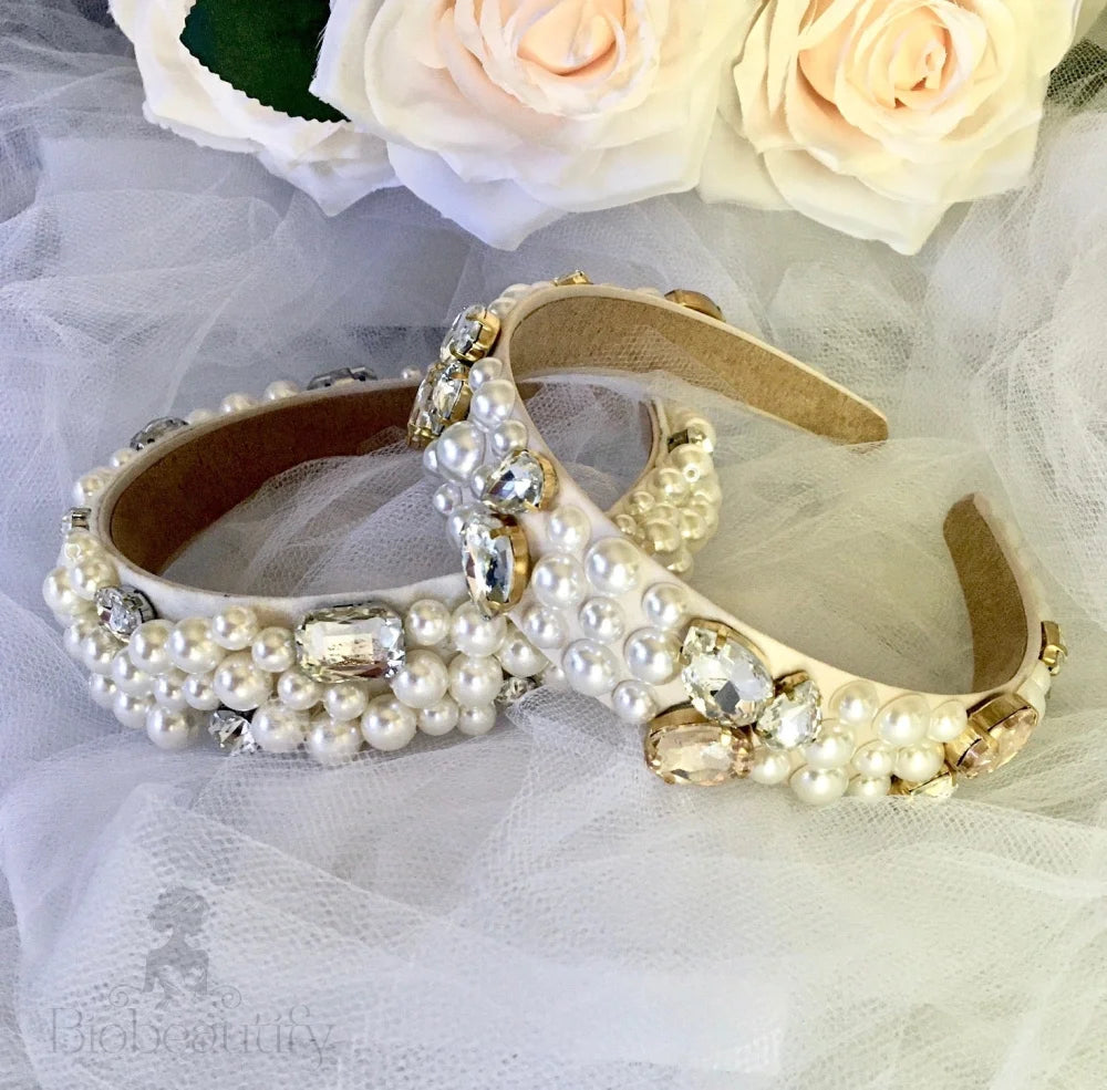 Karolina Pearl Rhinestone Bridal Headband Gold Silver