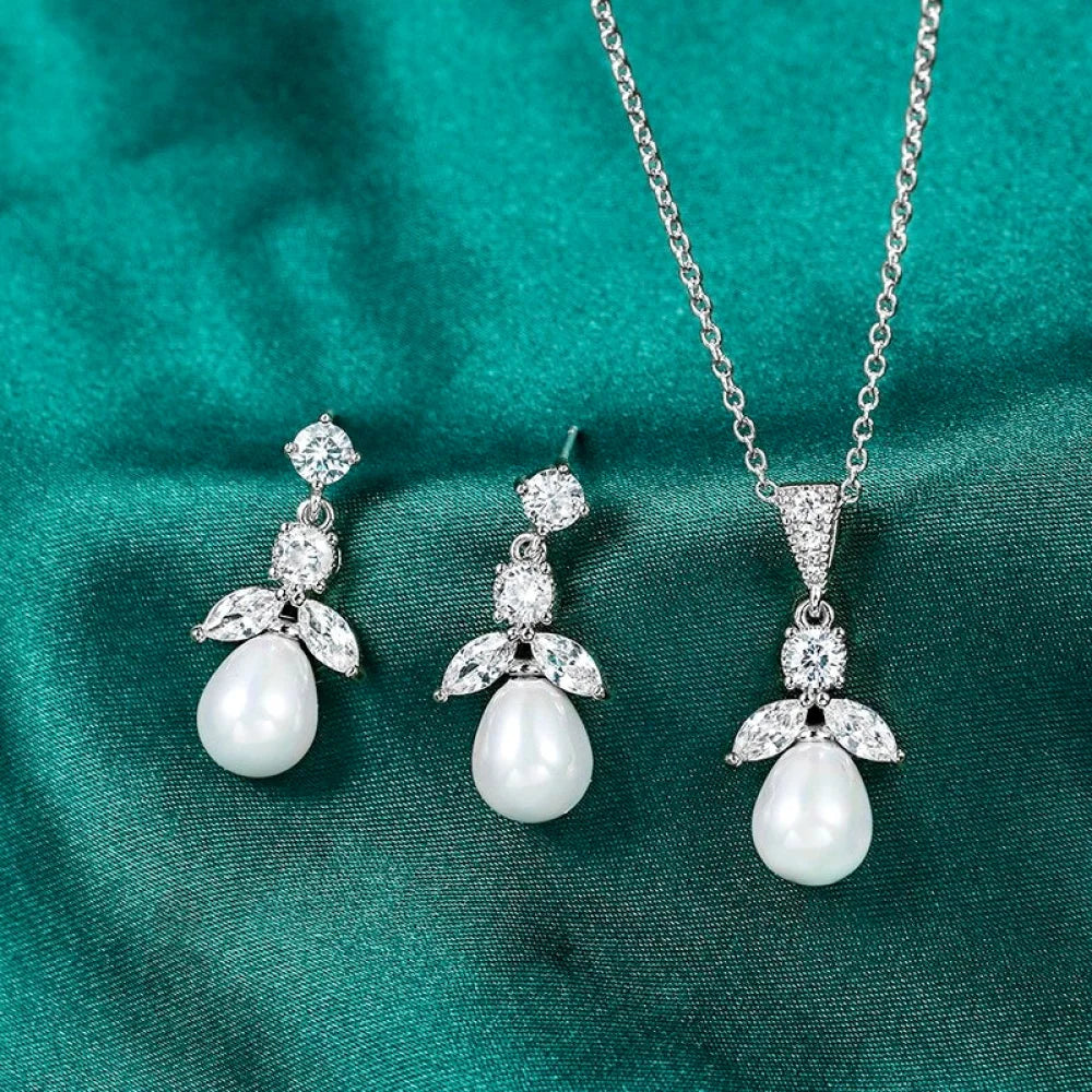 Kathani Pearl And Cubic Zirconia Jewelry Set In Gold Or Silver