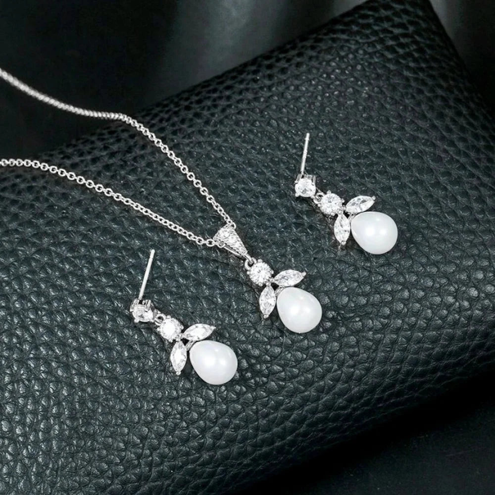 Kathani Pearl And Cubic Zirconia Jewelry Set In Gold Or Silver