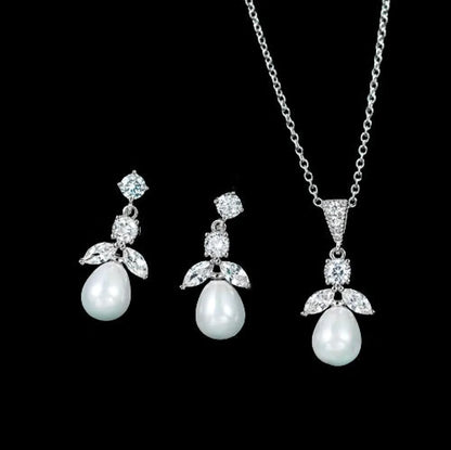 Kathani Pearl And Cubic Zirconia Jewelry Set In Gold Or Silver