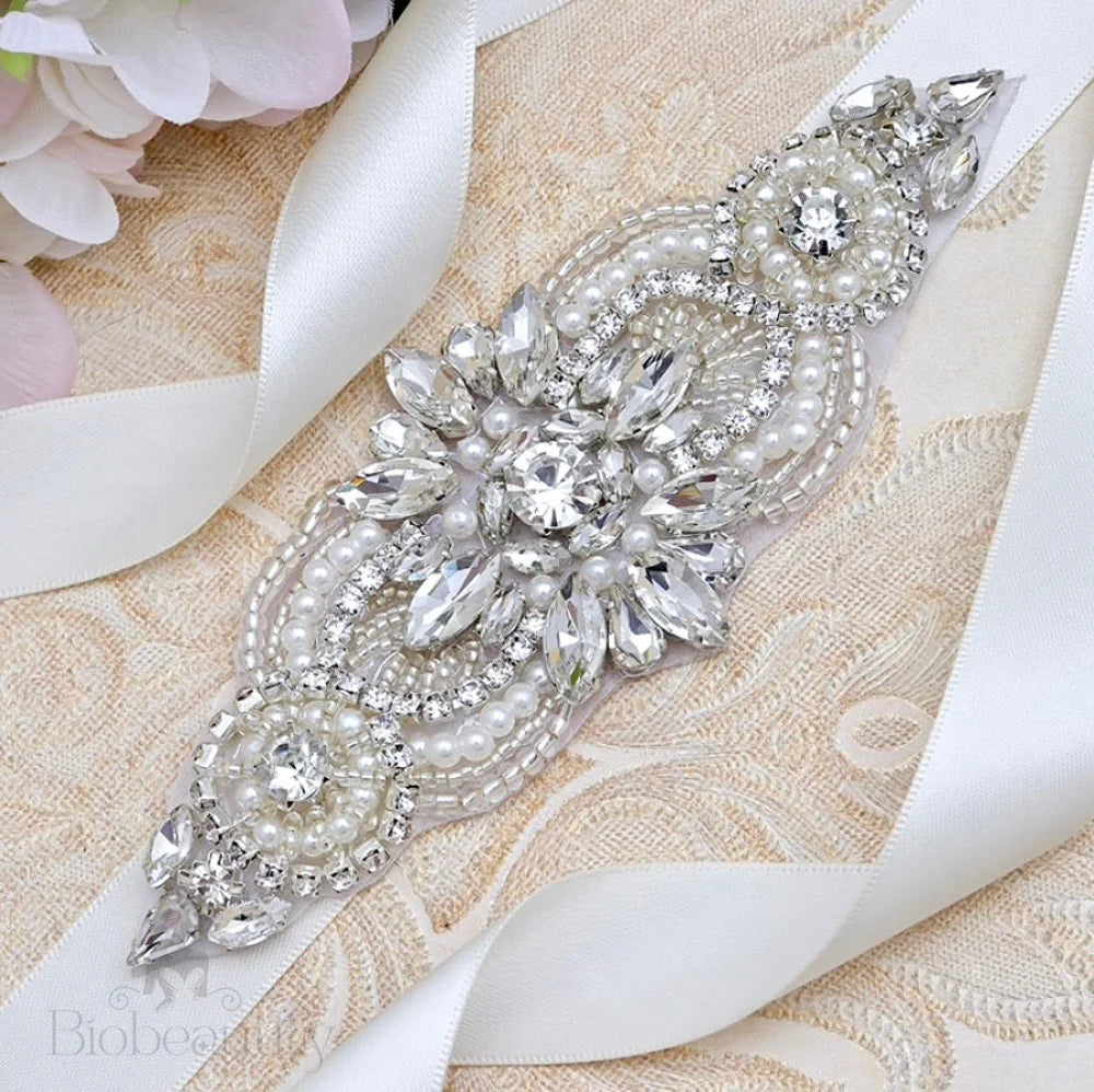 Katie Pearl And Crystal Bridal Sash - Silver Rose Gold Options