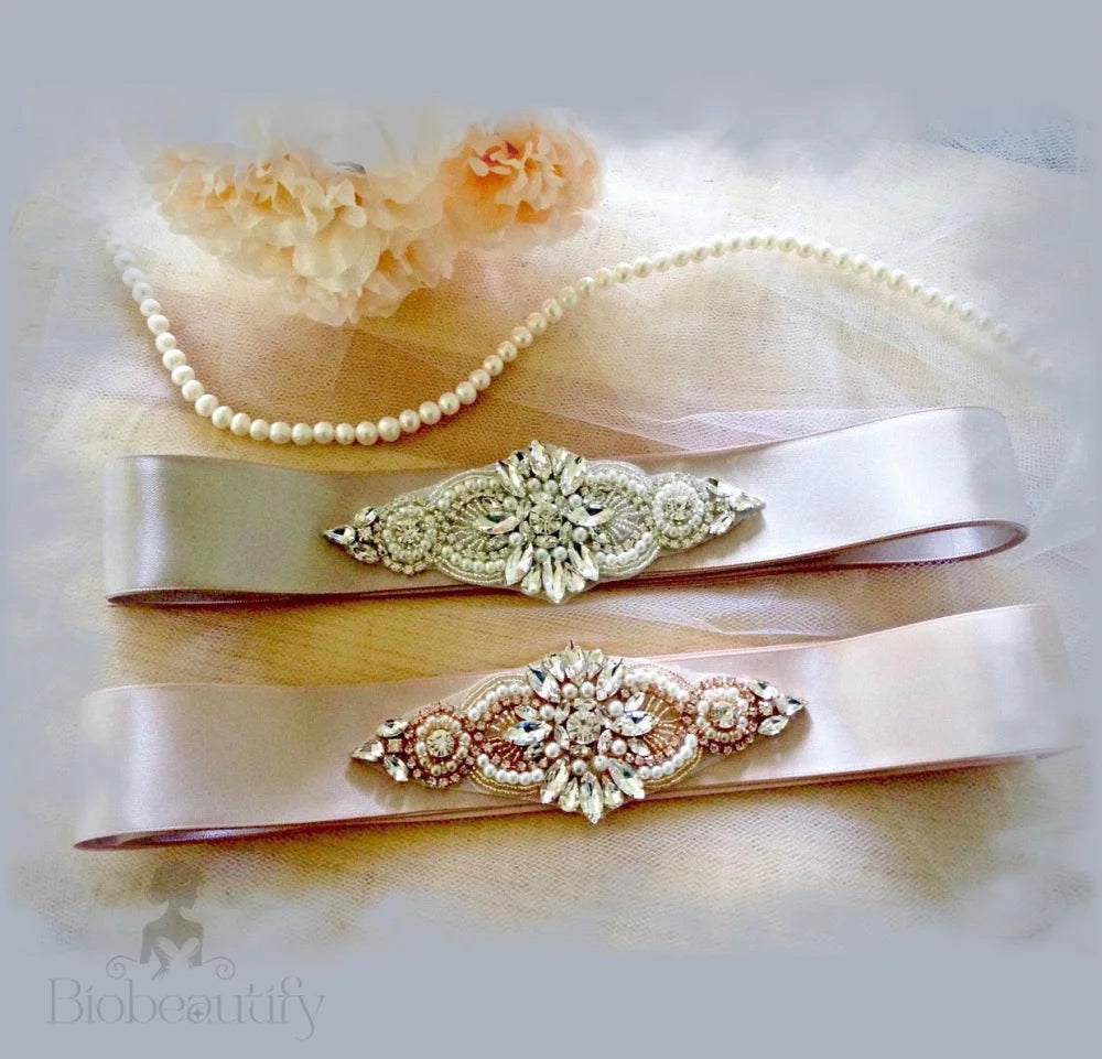 Wedding Accessories - Pearl and Crystal Bridal Belt/Sash - Available in Silver and Rose Gold