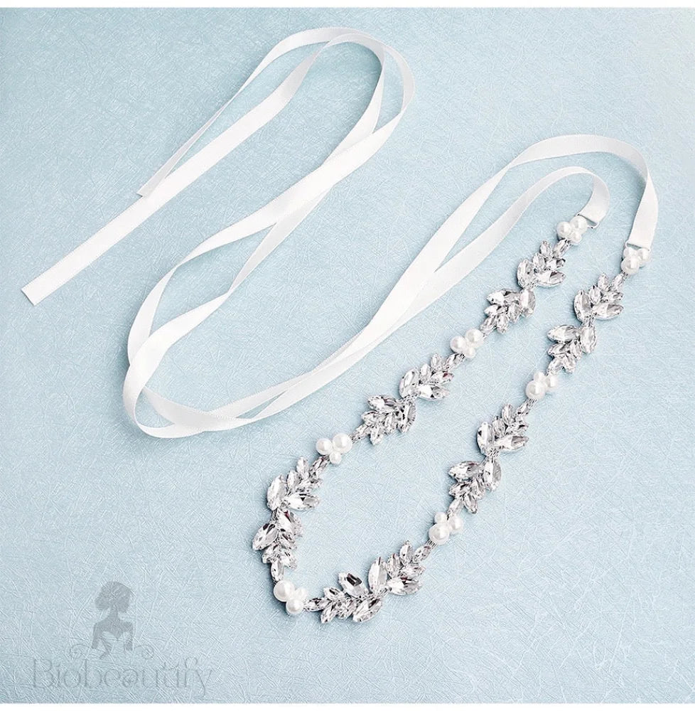 Katrina Silver Pearl Crystal Bridal Sash